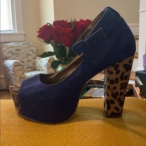 Large heel blue suede leopard print peep toe